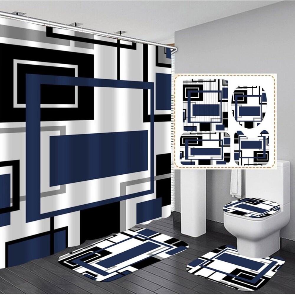 Yddsky 4 Pcs Blue Geometric Shower Curtain Sets Non-Slip Rugs Bath Mat, Toilet
